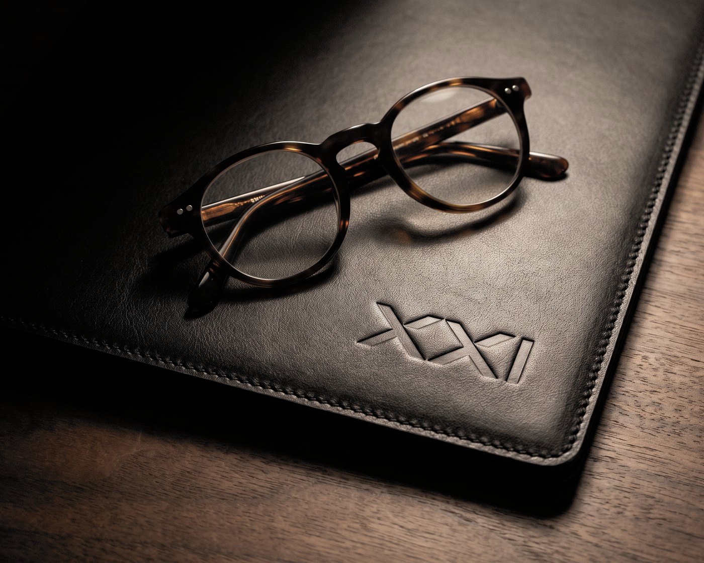 Tortoiseshell reading glasses resting on a black leather folio debossed with the XXI mark.