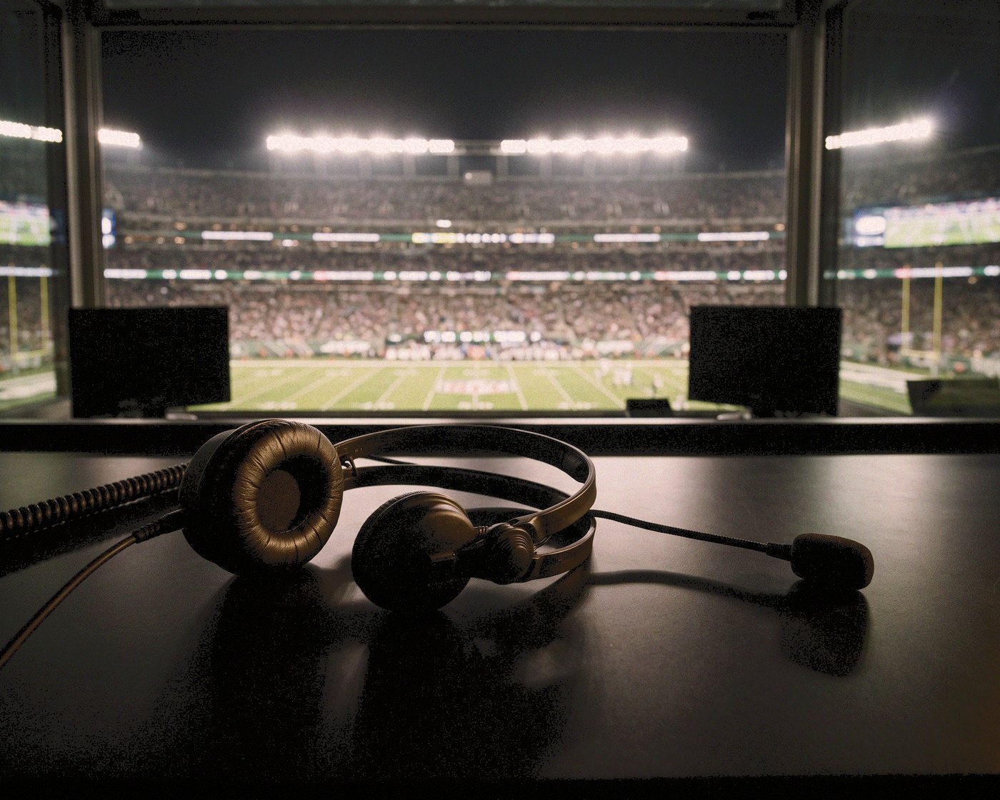 A broadcast commentator’s headset resting on the booth desk above a floodlit stadium.