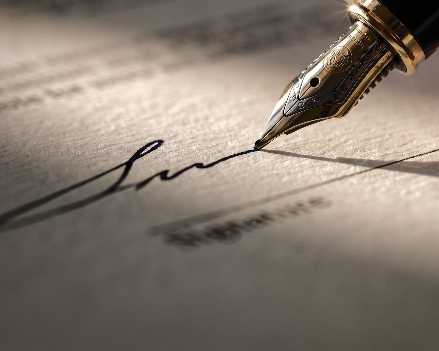 A gold fountain pen nib signing a document in fresh blue-black ink.