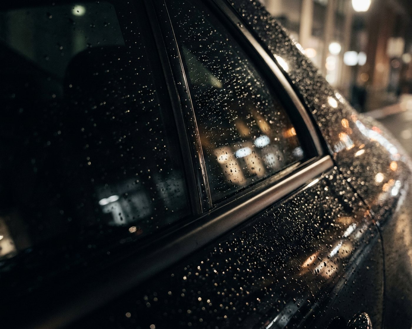 Raindrops on the rear window and door of a dark car at night, with city lights beyond.